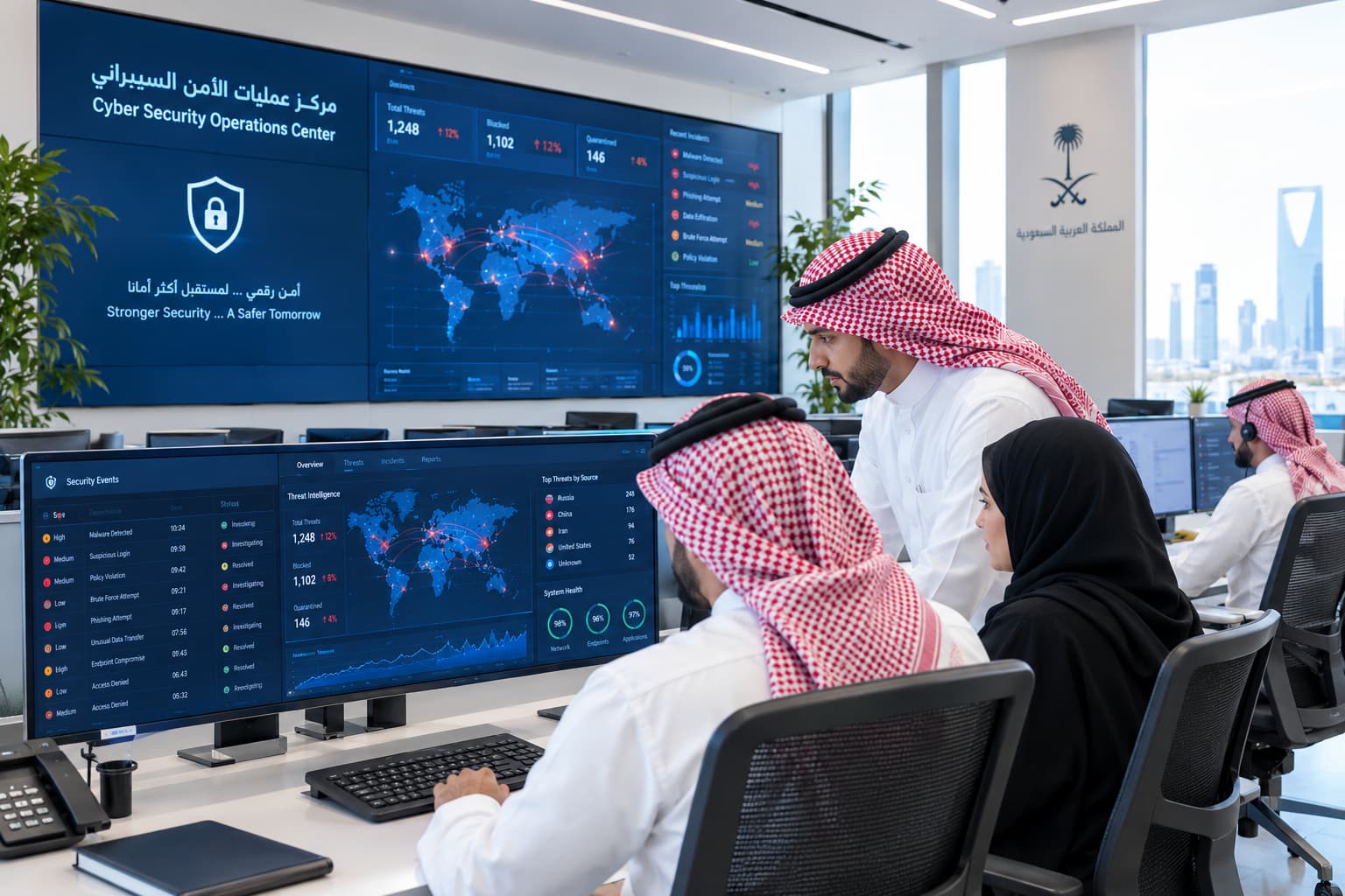فريق في مركز عمليات الأمن السيبراني أمام شاشات المراقبة