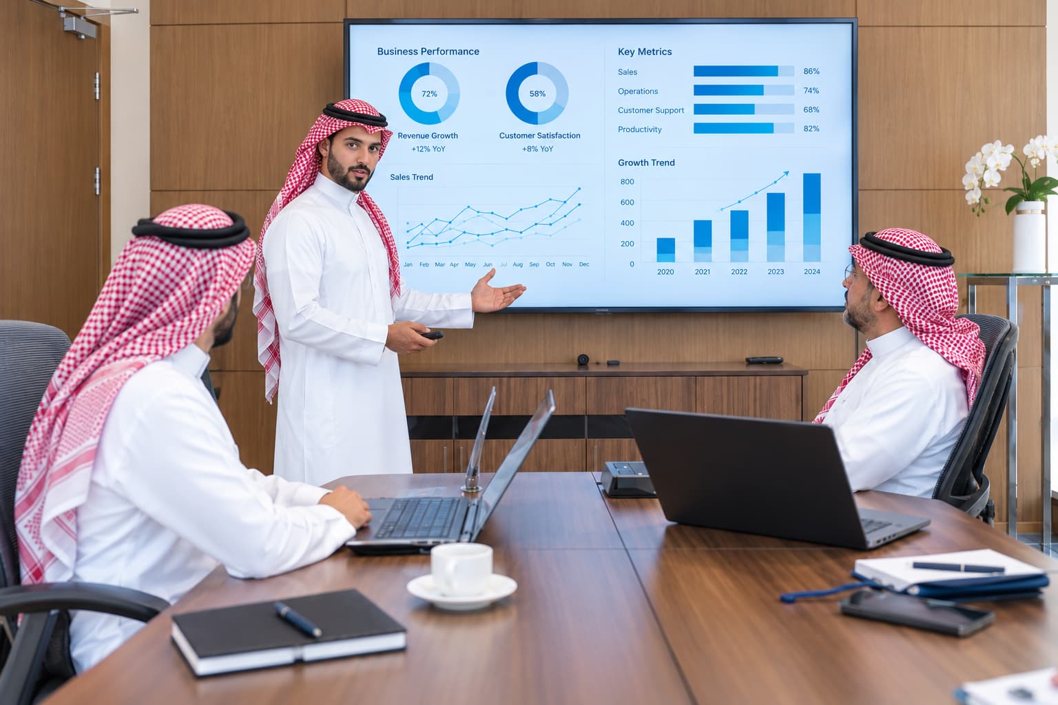 مستشار يعرض مؤشرات الأداء على شاشة أمام فريق العمل